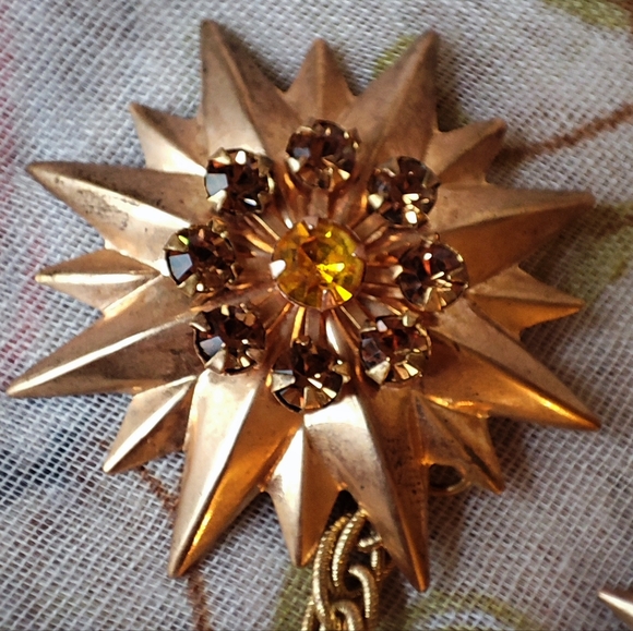 Unisex Vintage Dual Adornment Blazer Pin Brooch Gold Tone Topaz Stones Prong Set - Picture 4 of 7